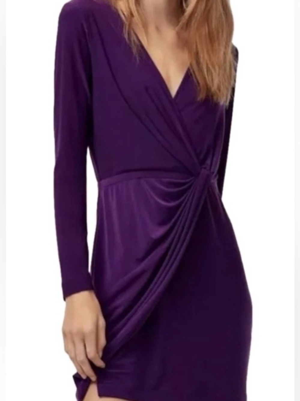 Aritzia Babaton Purple Long-Sleeve Twist-Drape V-Neck Dress
